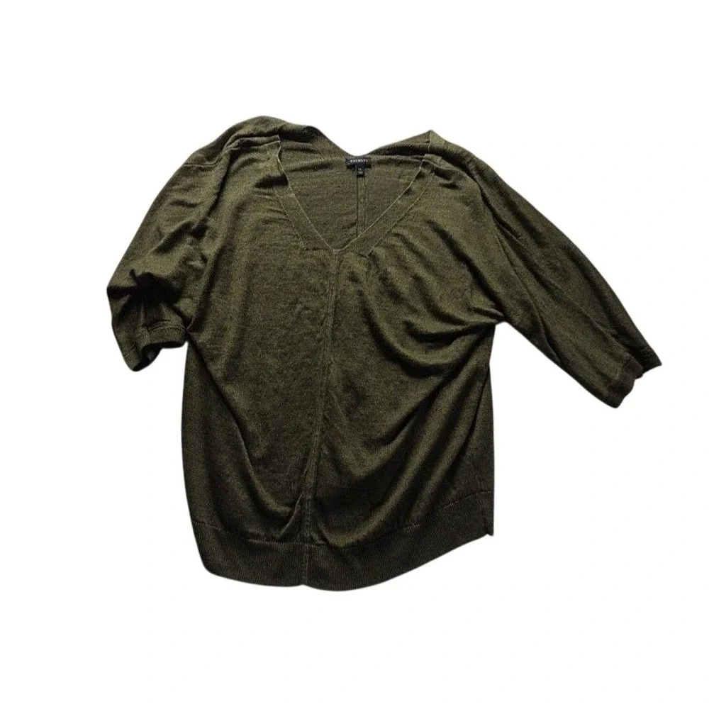 Talbots Womens XL Olive Green 100% Linen V-Neck Elbow Sleeve Knit Sweater Top